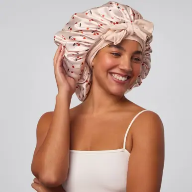 Kitsch Adjustable Oversized Satin Bonnet - Cherry Print